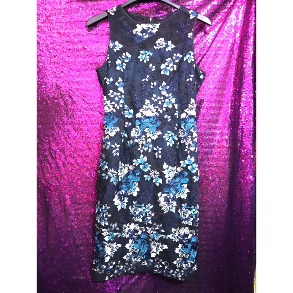 Black Blue Floral Embroidered Mesh Shift Dress 4 White House Black Market Women - Picture 8 of 8
